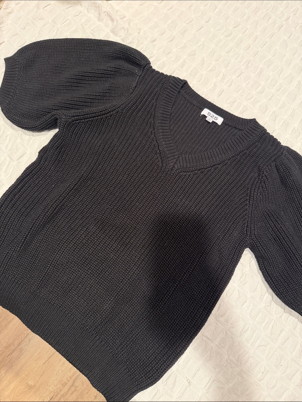 525 America Black Puff-Sleeve V-Neck Sweater